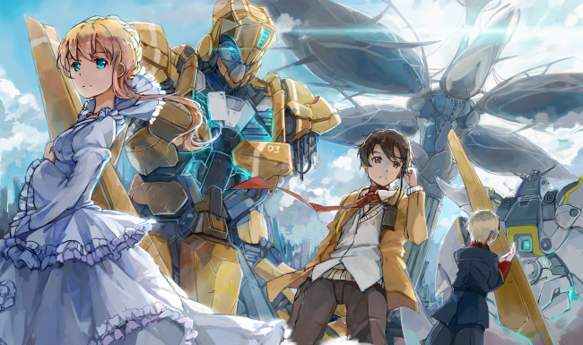 Обои картинки фото аниме, aldnoah zero, роботы, парни, девушка, slaine, troyard, kaizuka, inaho, asseylum, vers, allusia