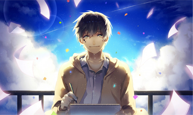 Обои картинки фото аниме, mekakucity actors, карандаш, блокнот, kagerou, project, листы, небо, блондин, слёзы, арт, парень