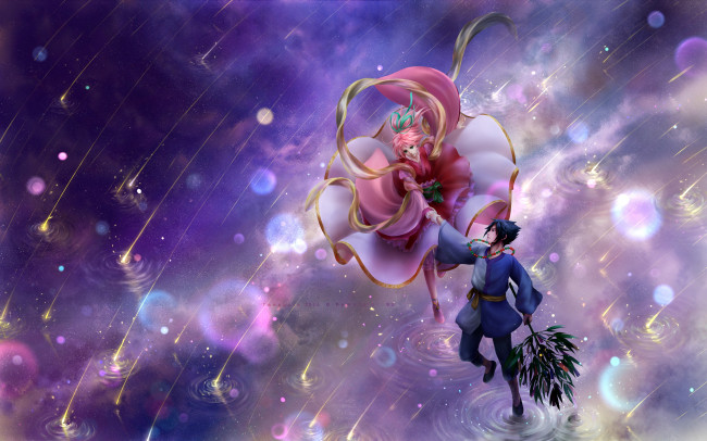 Обои картинки фото аниме, naruto, звездопад, вода, sasuke, sakura, humoster, art