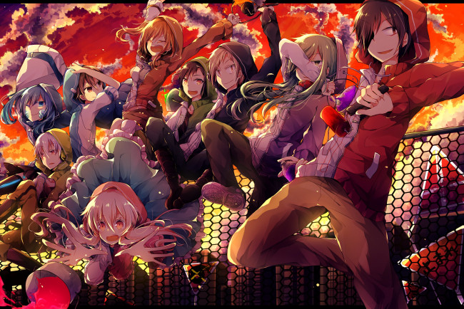 Обои картинки фото аниме, mekakucity actors, девушки, парни, kagerou, project, арт, закат