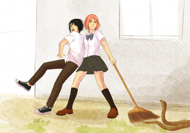 Обои картинки фото аниме, naruto, sakura, haruno, sasuke, uchiha, art, змея, испуг
