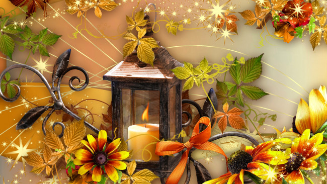 Обои картинки фото разное, свечи, настроение, свеча, фонарь, цветы, осень, коллаж