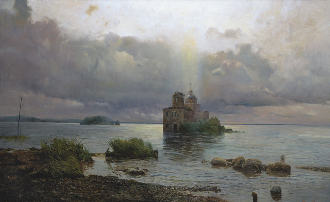 Обои картинки фото голгофа русского севера, рисованное, александр афонин, монастырь, тучи, берег, камни, трава, озеро