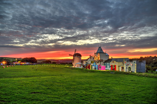 Обои картинки фото разное, мельницы, мельница, городок, закат
