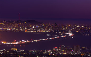 обоя города, сан-франциско , сша, вечер, река, мост, огни