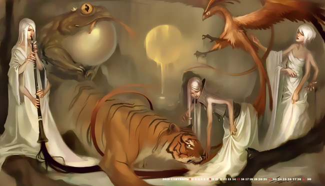 Обои картинки фото календари, фэнтези, 2019, calendar, тигр, птица, девушка