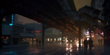 Картинка рисованное города город огни мост люди здания