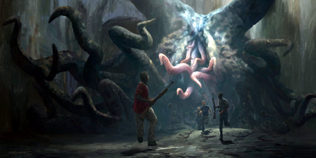 Обои картинки фото фэнтези, существа, монстр, щупальца, люди, оружие