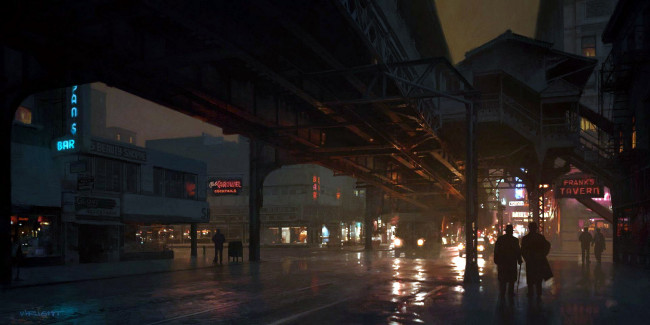 Обои картинки фото рисованное, города, город, огни, мост, люди, здания