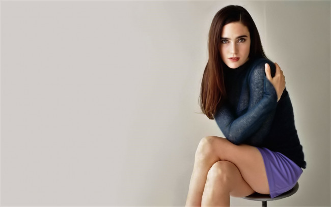 Обои картинки фото девушки, jennifer connelly, шатенка, свитер, юбка, стул