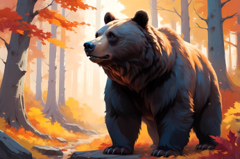 обоя рисованное, животные,  медведи, медведь, лес, осень, деревья, листья, камни