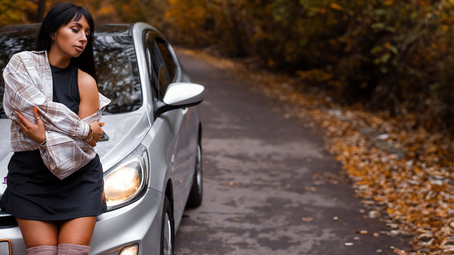 Обои картинки фото автомобили, -авто с девушками, hyundai, solaris