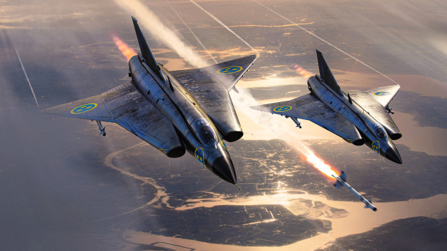 Обои картинки фото видео игры, war thunder, самолеты, пара, полет, ракеты, панорама