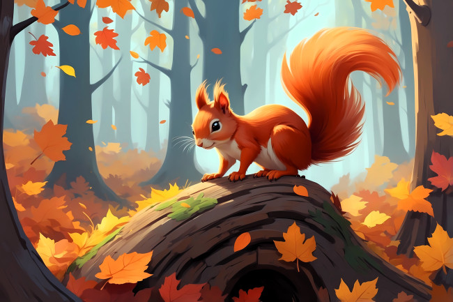 Обои картинки фото рисованное, животные,  белки, белка, бревно, лес, осень, листья, деревья