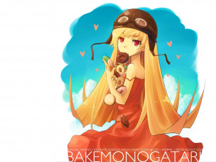 Картинка аниме bakemonogatari oshino+shinobu девушка платье шлем пончик еда