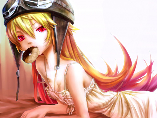 Обои картинки фото аниме, bakemonogatari, oshino shinobu, девушка, платье, шлем, пончик, еда