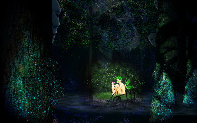 Обои картинки фото фэнтези, феи, лицо, зелёный, тёмный