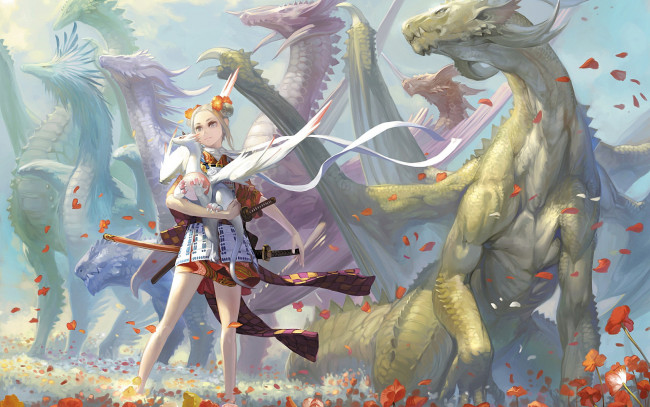 Обои картинки фото аниме, animals, девушка, драконы