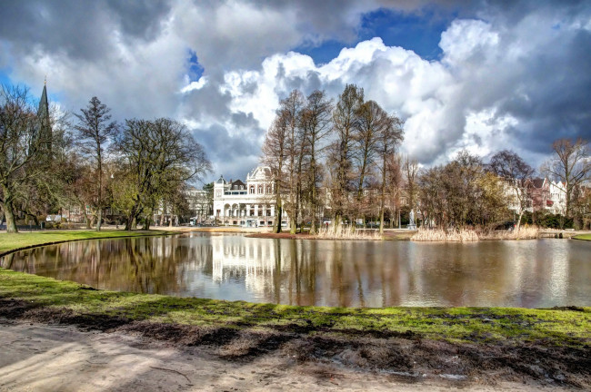 Обои картинки фото амстердам, города, нидерланды, парк, деревья, пруд, дома