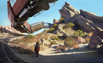 Картинка фэнтези иные+миры +иные+времена иной мир мальчик поезд вагоны полет