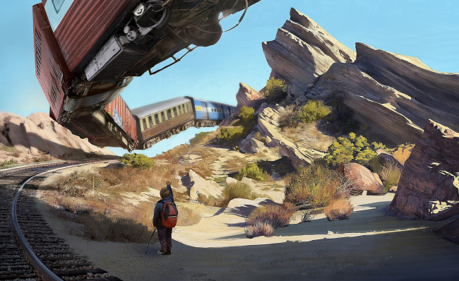 Обои картинки фото фэнтези, иные миры,  иные времена, иной, мир, мальчик, поезд, вагоны, полет