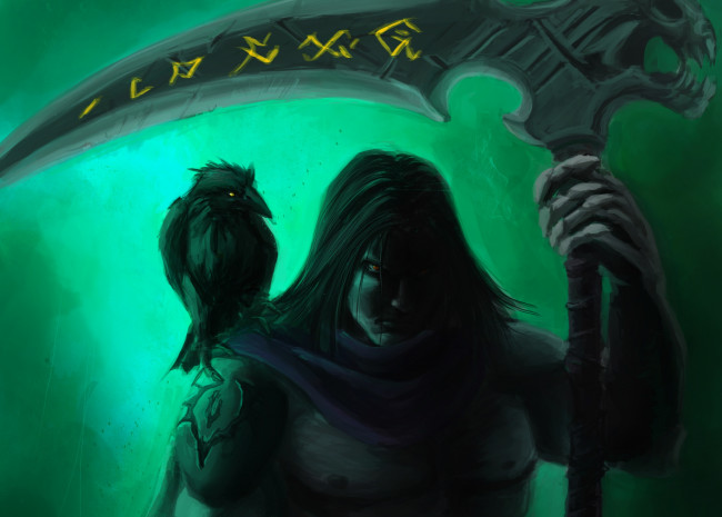 Обои картинки фото видео игры, ~~~другое~~~, коса, оружие, ворон, мужчина, арт, игра, птица