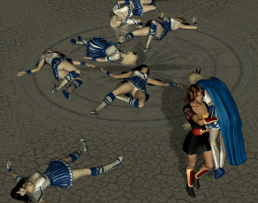 обоя 3д графика, фантазия , fantasy, драка, фон, взгляд, девушки