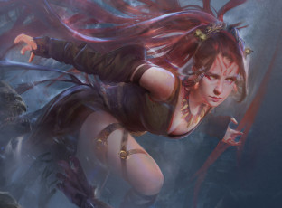 обоя видео игры, legend of the cryptids, рисунок, арт, monster, рывок, rush, charge, волшебница, wizard, фэнтези, art, legend, of, the, cryptids, маг, mage, redhead, рыжая, girl, девушка, чудовище, by, wangjie, li, fantasy