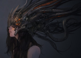 Картинка фэнтези существа art арт рисунок sci-fi фантастика cyberpunk киберпанк girl девушка helmet шлем heinous headphones жуткие наушники cables кабели wires провода tentacles щупальца by geniusfetus