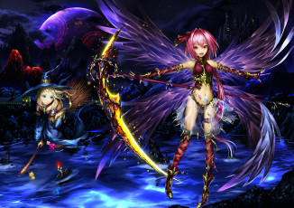 Картинка аниме ангелы +демоны арт tyappygain девушки крылья оружие коса шляпа ведьмы метла луна замок горы