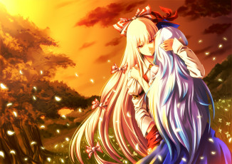 Картинка аниме touhou fujiwara no mokou природа луг цветы вечер небо лепестки kamishirasawa keine арт девушки объятия hijikawa arashi
