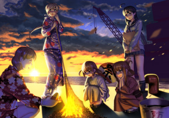 Картинка аниме kantai+collection солнце закат inazuma ikazuchi chiyoda вечер костёр девушки арт misumi niku-kyu ushio море kancolle kantai collection кран chitose