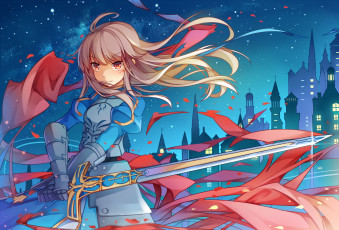 Картинка fate zero аниме девушка взгляд фон оружие город небо звезды saber