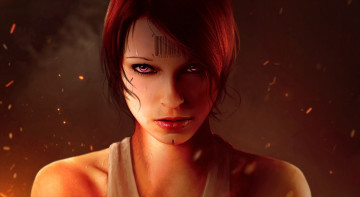 обоя фэнтези, роботы,  киборги,  механизмы, art, арт, рисунок, sci-fi, фантастика, cyberpunk, киберпанк, girl, девушка, cyborg, киборг, redhead, рыжая, eyes, глаза, взгляд, face, лицо, embers, sparkles, искры, угли, flame, пламя, fire, огонь, barcode, штрихкод, smoke, дым, by, leonwoon