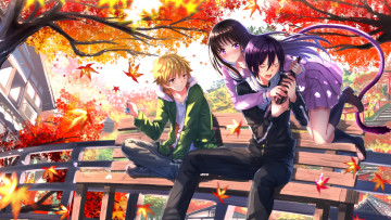 Картинка аниме noragami iki hiyori юкине Ято бутылка осень хиори арт бездомный бог деревья скамья yukine дом yato swordsouls
