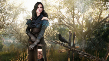 Картинка видео+игры the+witcher sorcerres девушка ведьмак йеннифер yennefer женщина female girl woman фэнтези fantasy дикая охота wild hunt witcher сад dress наряд attire пустельга kestrel ворон платье garden чародейка crow
