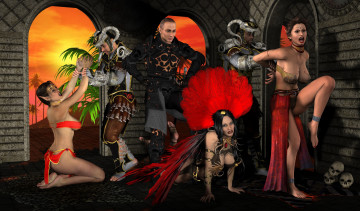 Картинка 3д+графика фантазия+ fantasy взгляд эльфийки черепа мужчины фон