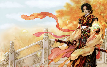 Картинка аниме hetalia +axis+powers парень art hidekaz himaruya china небо axis powers перила ветер шарф деревья меч украшения