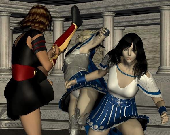 Обои картинки фото 3д графика, фантазия , fantasy, взгляд, фон, драка, девушки