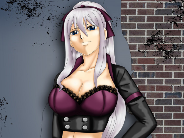 Обои картинки фото аниме, unknown,  другое, фон, взгляд, девушка, кирпич, стена