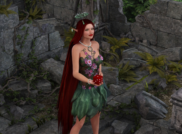 Обои картинки фото 3д графика, эльфы , elves, взгляд, фон, руины, эльфийка, кубик