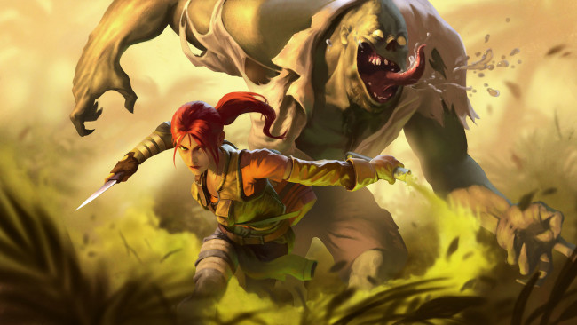 Обои картинки фото видео игры, dead island, giant, knife, химикаты, chemicals, нож, girl, amber, рисунок, epidemic, art, арт, эмбер, dead, island, зомби, zombie, рыжая, redhead, девушка, рывок, charge, dash, слюни, slobber, питомец, pet, гигант