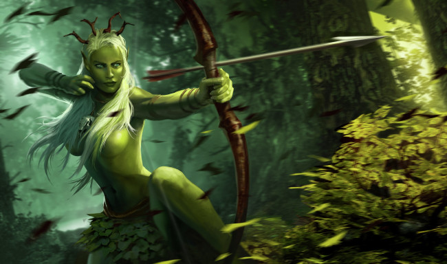 Обои картинки фото видео игры, the witcher, girl, witcher, фэнтези, fantasy, дриада, driada, девушка, арт, брокилон, brokilon, рисунок, art, battle, arena, eithne, эитнэ, лучница, archer