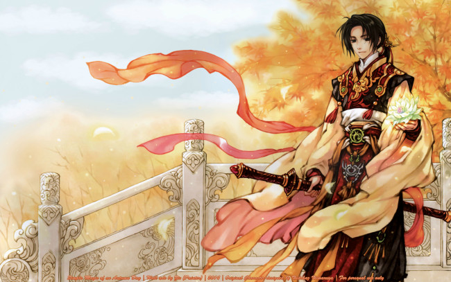 Обои картинки фото аниме, hetalia,  axis powers, парень, art, hidekaz, himaruya, china, небо, axis, powers, перила, ветер, шарф, деревья, меч, украшения