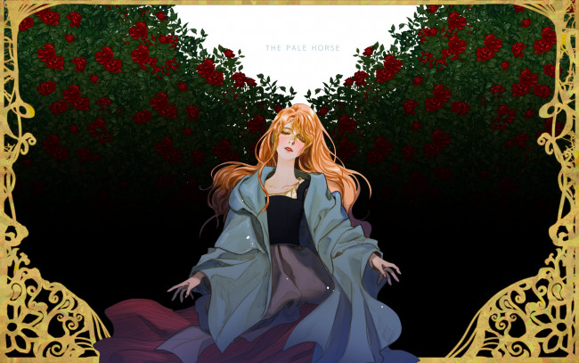 Обои картинки фото аниме, unknown,  другое, the, pale, horse, choo, haeyun, art, румянец, рамка, розы, кусты, рыжая