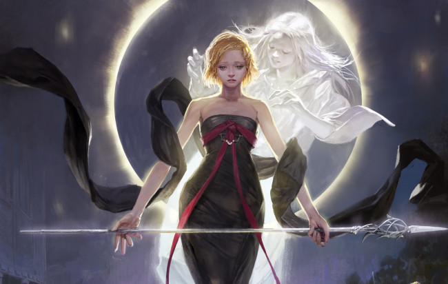 Обои картинки фото видео игры, legend of the cryptids, фэнтези, girl, девушка, fantasy, by, totorrl, печаль, грусть, sorrow, sadness, рисунок, moon, art, арт, legend, of, the, cryptids, копье, spirit, дух, spear, затмение, eclipse, луна