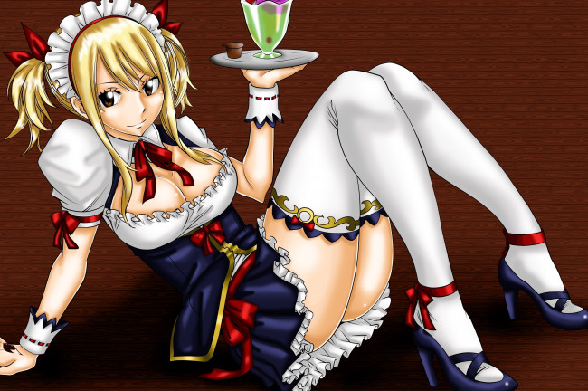 Обои картинки фото аниме, fairy tail, lucy, heartfilia, поднос, чулки, фон, взгляд, девушка