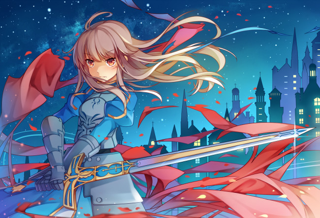 Обои картинки фото fate, zero, аниме, девушка, взгляд, фон, оружие, город, небо, звезды, saber
