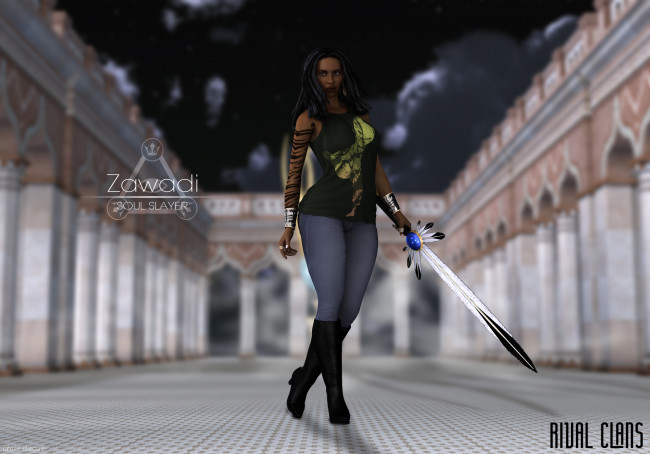 Обои картинки фото 3д графика, фантазия , fantasy, оружие, фон, взгляд, девушка