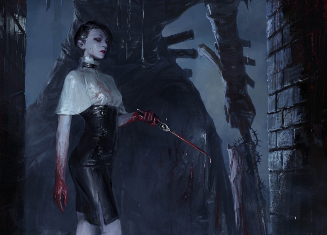 Обои картинки фото видео игры, legend of the cryptids, night, готика, gothic, девушка, girl, by, totorrl, dagger, кинжал, нож, knife, фэнтези, обтягивающее, платье, blood, облегающее, slinky, dress, fantasy, кровь, ночь, рисунок, арт, art, legend, of, the, cryptids